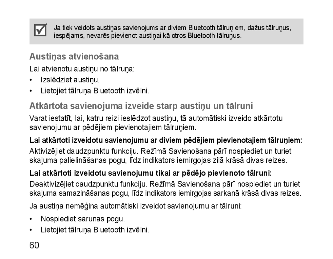 Samsung BHM1100EBEGSEB manual Austiņas atvienošana, Atkārtota savienojuma izveide starp austiņu un tālruni 