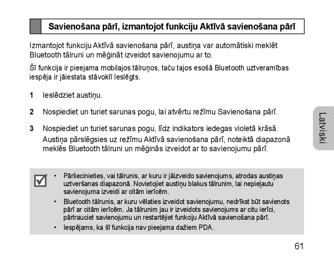 Samsung BHM1100EBEGSEB manual Iespējams, ka šī funkcija nav pieejama dažiem PDA 