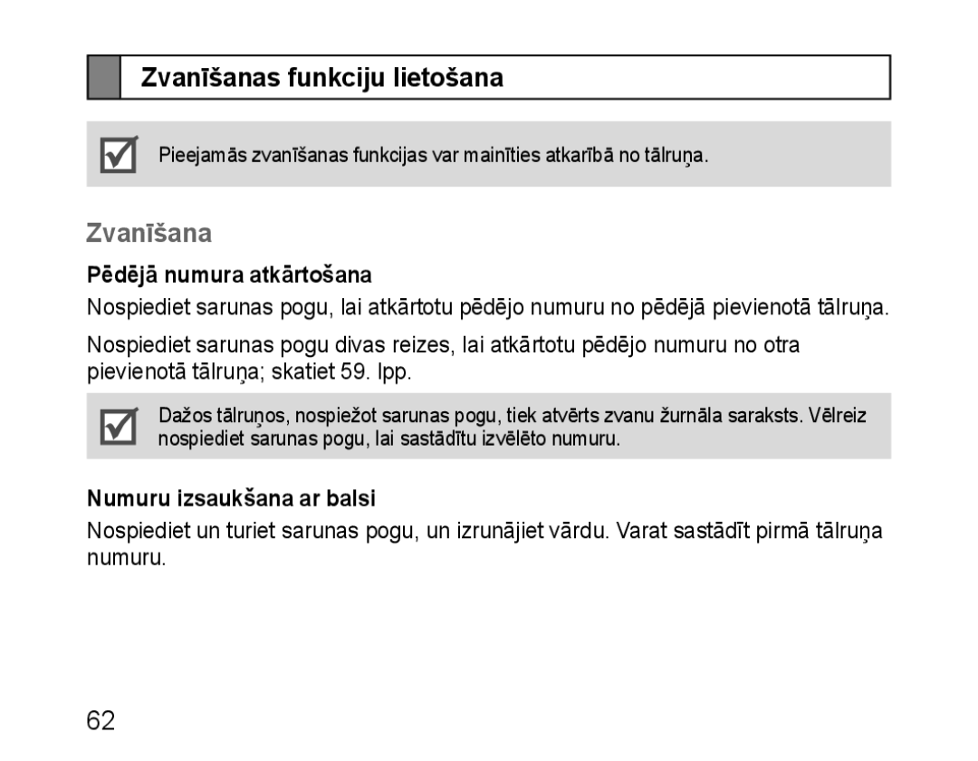 Samsung BHM1100EBEGSEB manual Zvanīšanas funkciju lietošana, Pēdējā numura atkārtošana, Numuru izsaukšana ar balsi 