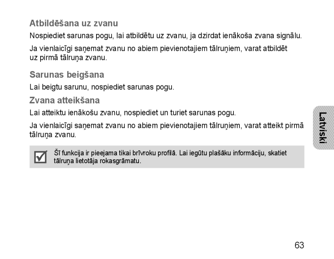 Samsung BHM1100EBEGSEB manual Atbildēšana uz zvanu, Sarunas beigšana, Zvana atteikšana 