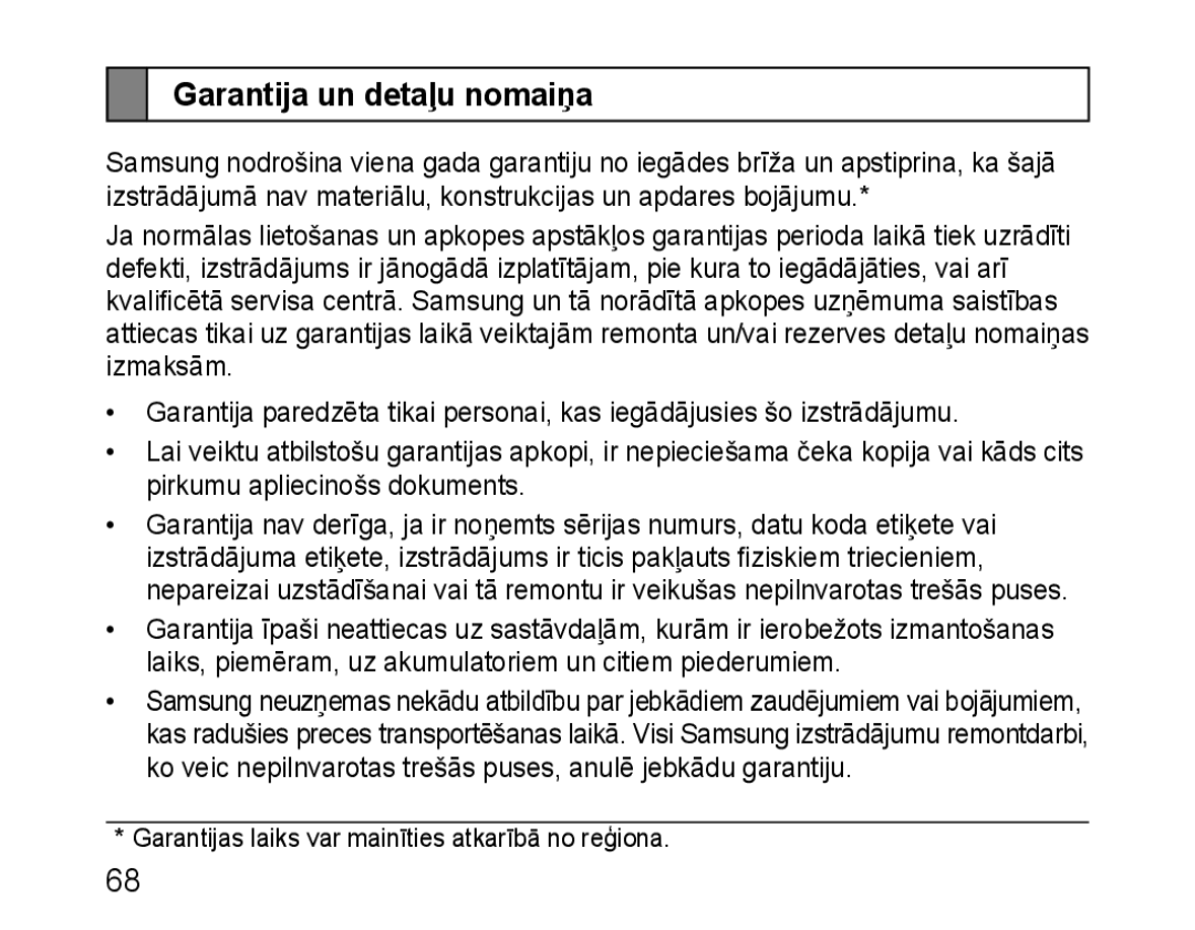 Samsung BHM1100EBEGSEB manual Garantija un detaļu nomaiņa 