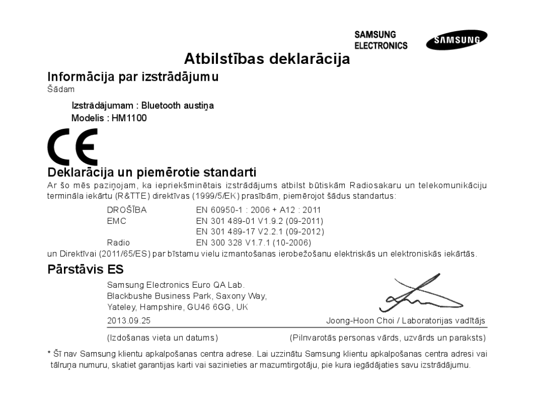 Samsung BHM1100EBEGSEB manual Informācija par izstrādājumu, Deklarācija un piemērotie standarti, Pārstāvis ES 