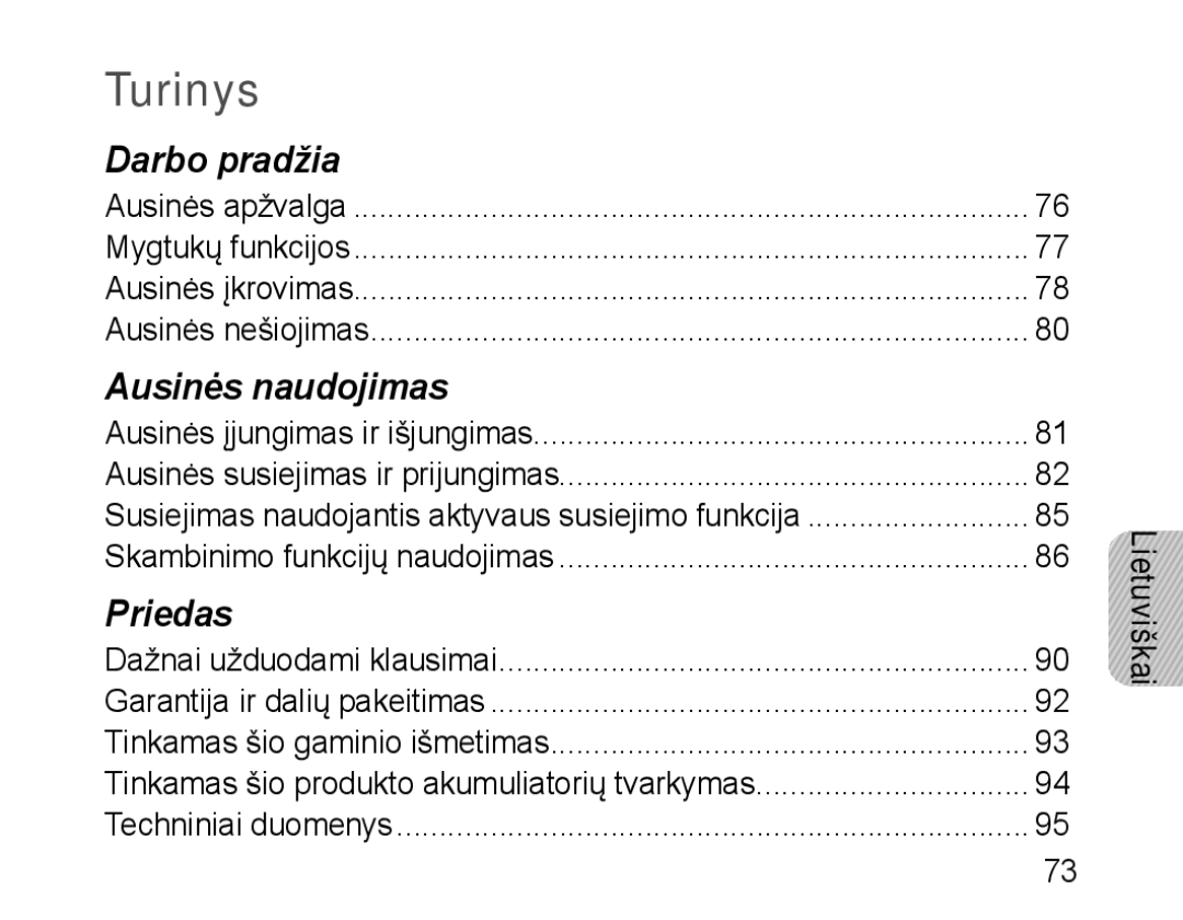 Samsung BHM1100EBEGSEB manual Turinys, Lietuviškai 