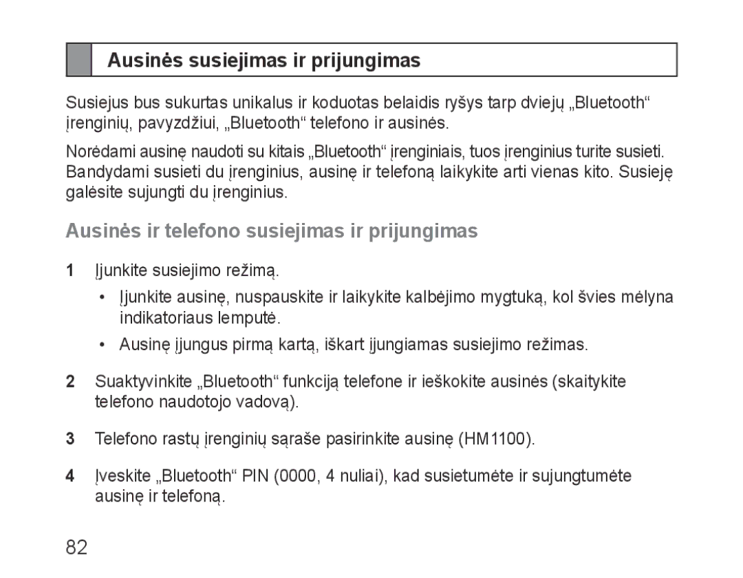 Samsung BHM1100EBEGSEB manual Ausinės susiejimas ir prijungimas, Ausinės ir telefono susiejimas ir prijungimas 