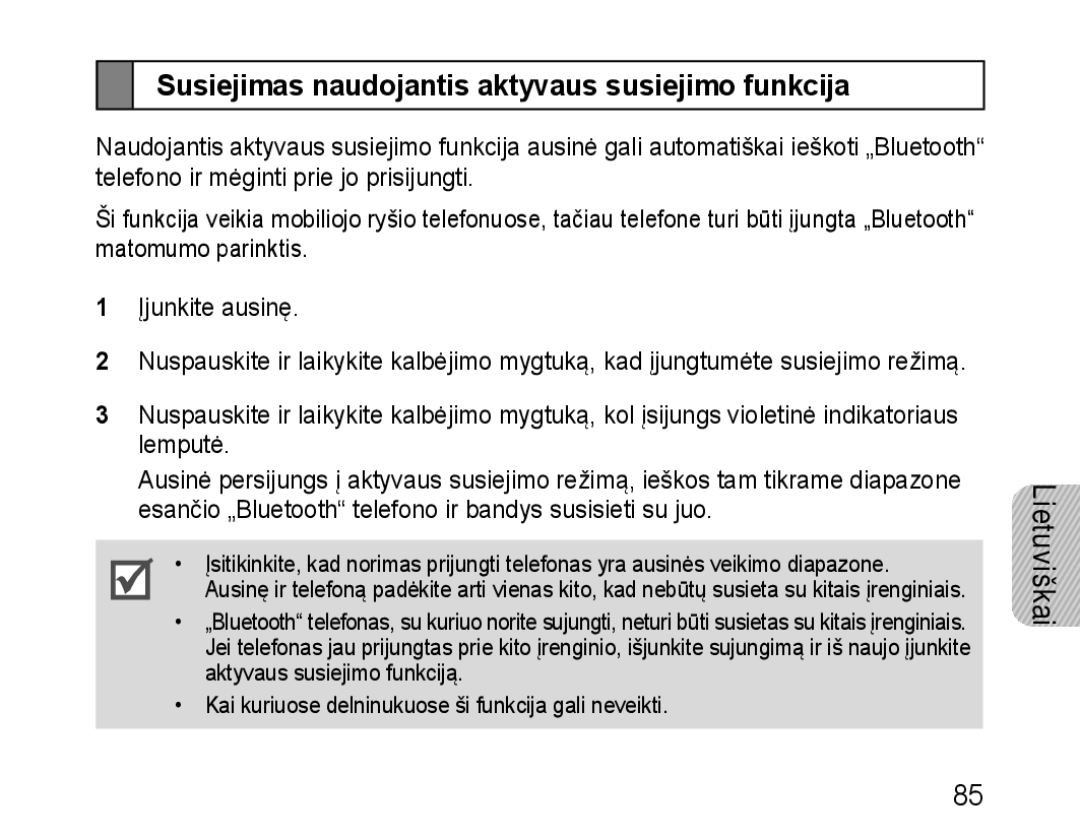 Samsung BHM1100EBEGSEB manual Susiejimas naudojantis aktyvaus susiejimo funkcija 