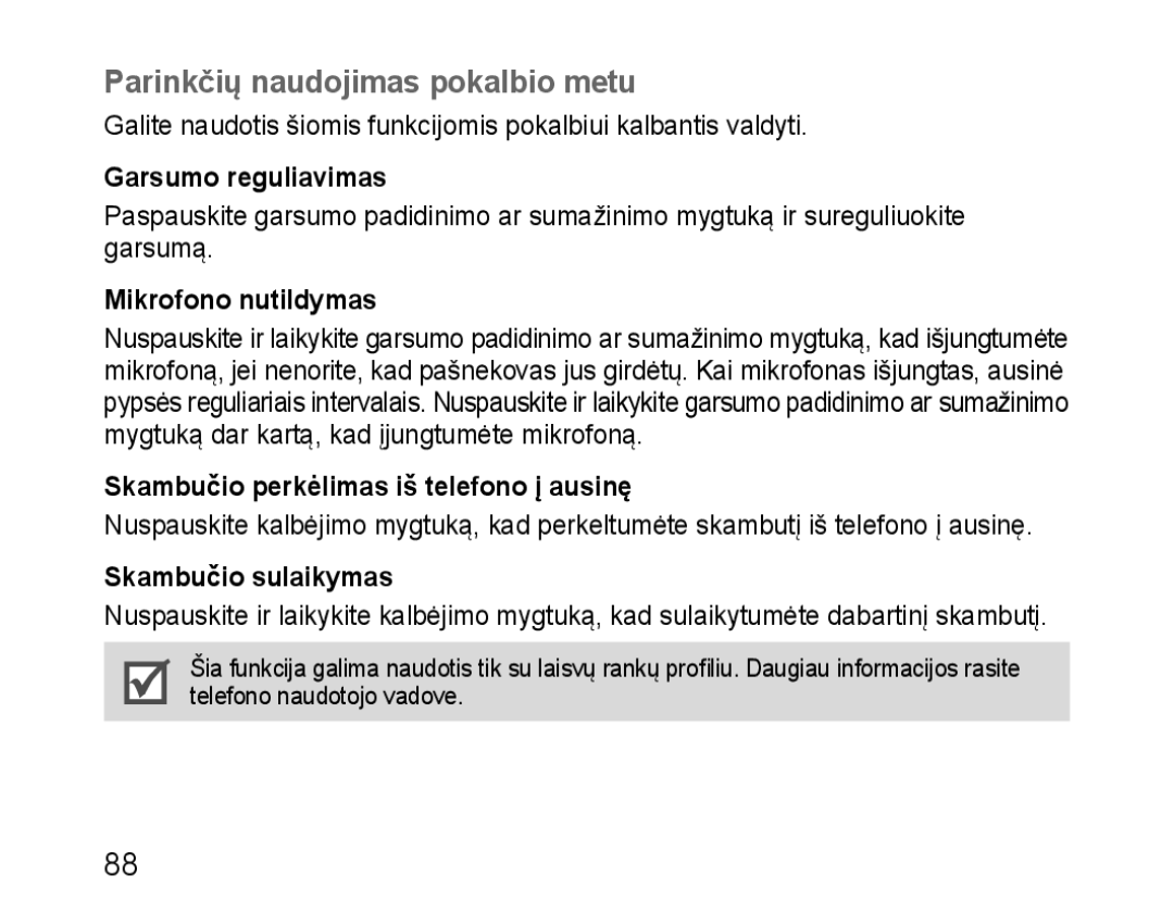 Samsung BHM1100EBEGSEB manual Parinkčių naudojimas pokalbio metu, Garsumo reguliavimas, Mikrofono nutildymas 