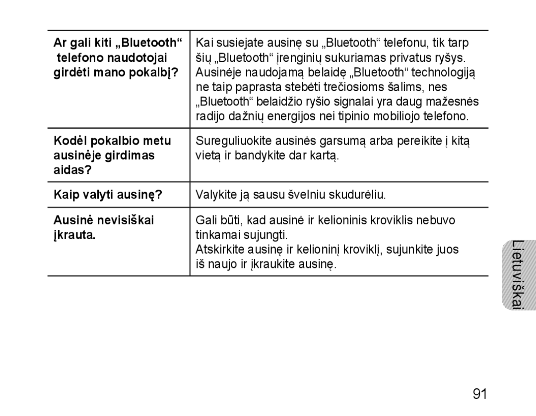 Samsung BHM1100EBEGSEB Ar gali kiti „Bluetooth, Telefono naudotojai, Girdėti mano pokalbį?, Kodėl pokalbio metu, Įkrauta 