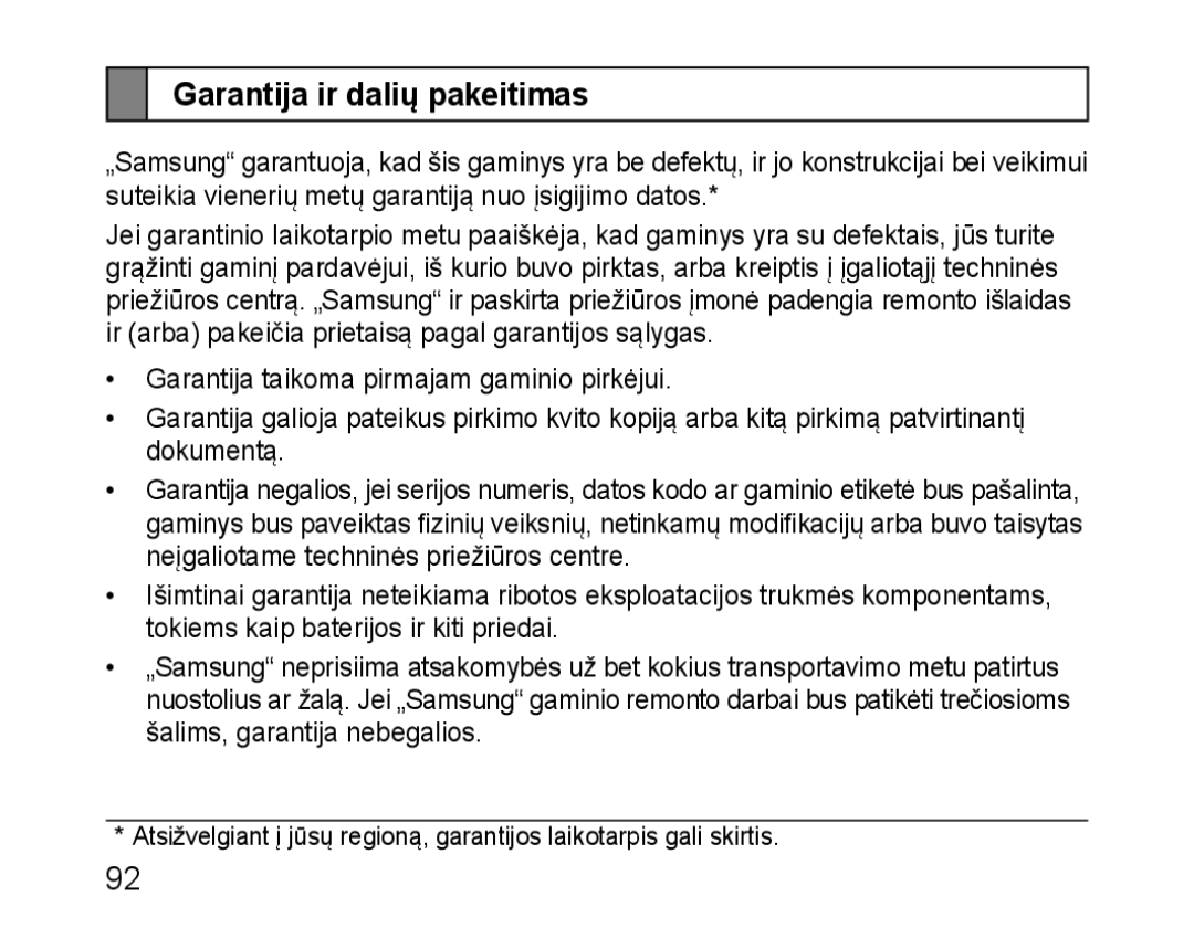 Samsung BHM1100EBEGSEB manual Garantija ir dalių pakeitimas 