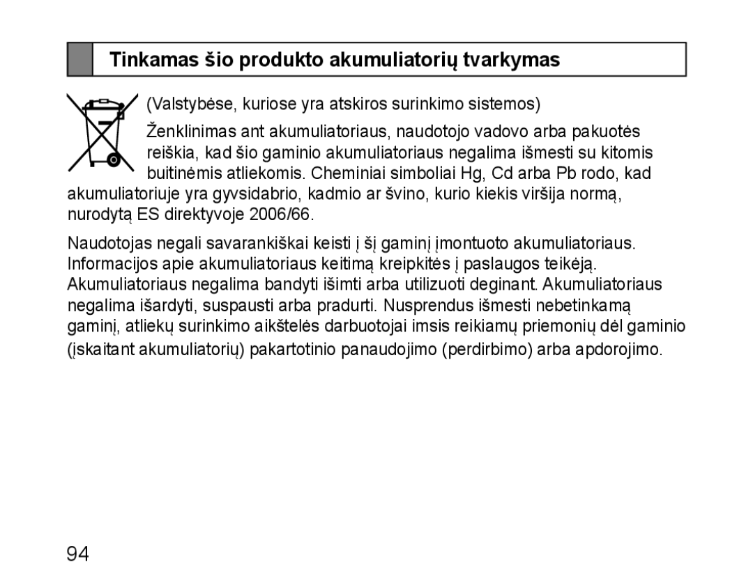 Samsung BHM1100EBEGSEB manual Tinkamas šio produkto akumuliatorių tvarkymas 