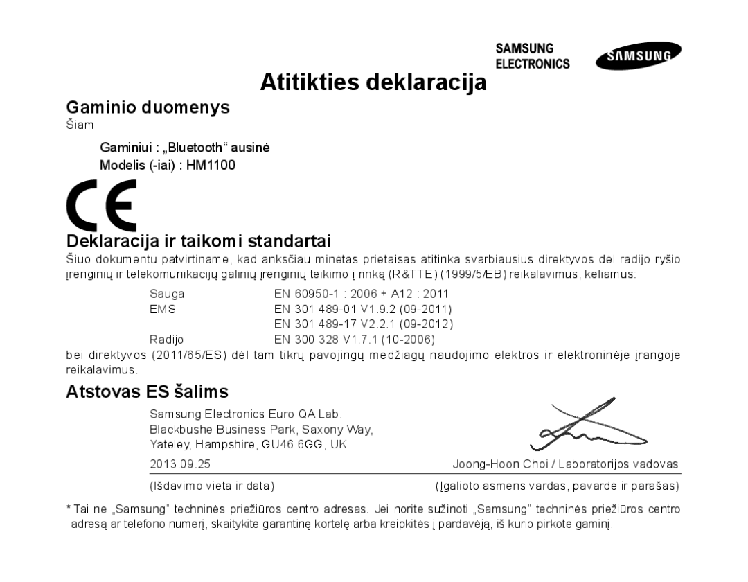 Samsung BHM1100EBEGSEB manual Gaminio duomenys, Deklaracija ir taikomi standartai, Atstovas ES šalims 