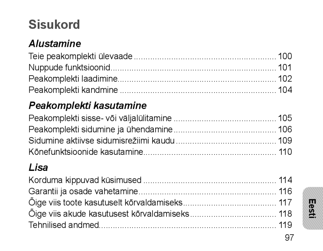 Samsung BHM1100EBEGSEB manual Sisukord 