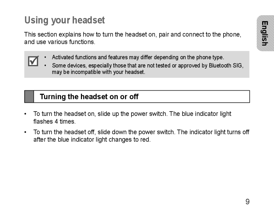 Samsung BHM1100EBEGEUR, BHM1100EBEGXEF, BHM1100NBEGXET manual Using your headset, English Turning the headset on or off 