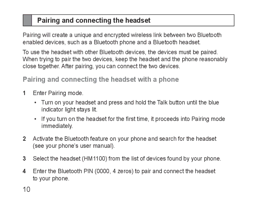 Samsung BHM1100EBEGILO, BHM1100EBEGXEF, BHM1100NBEGXET, BHM1100EBEGXET Pairing and connecting the headset with a phone 