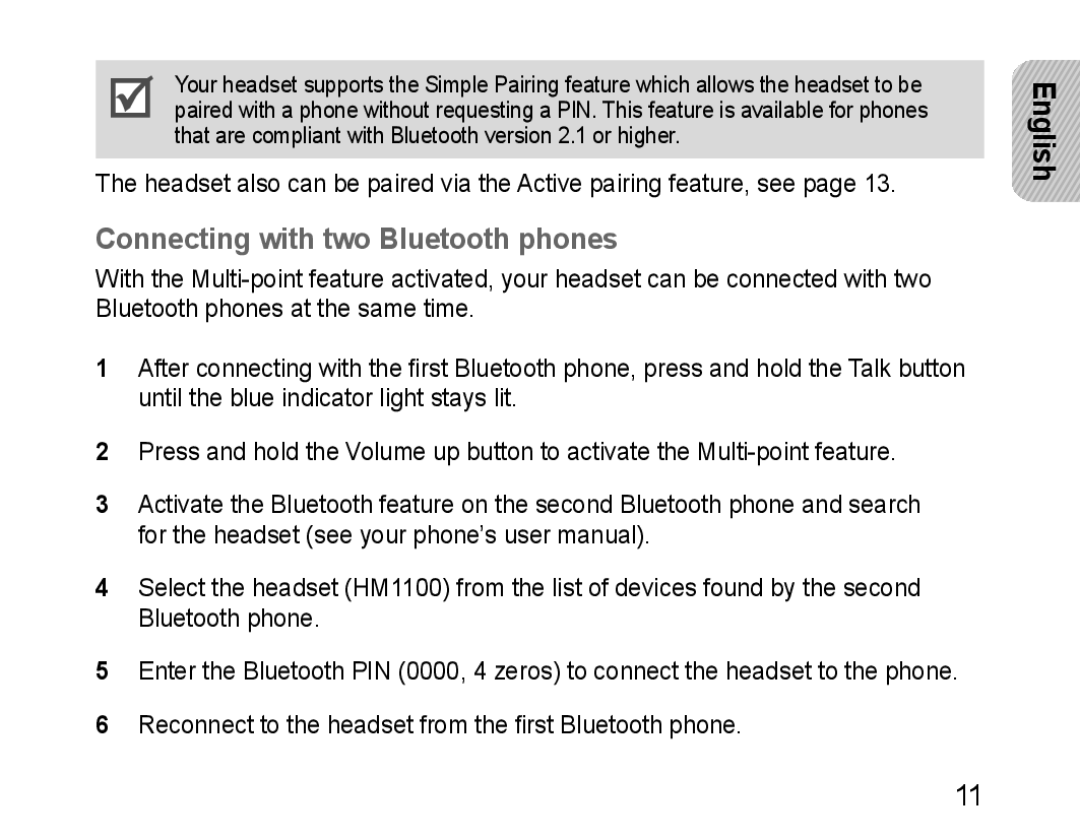 Samsung BHM1100NBEGHAT, BHM1100EBEGXEF, BHM1100NBEGXET, BHM1100EBEGXET manual Connecting with two Bluetooth phones, English 