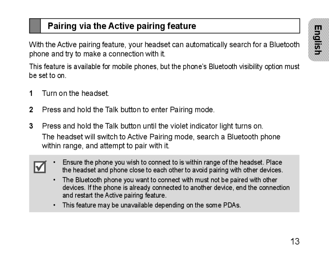 Samsung BHM1100EBEGXEF, BHM1100NBEGXET, BHM1100EBEGXET, BHM1100EBEGFOP, BHM1100EBEGCRO Pairing via the Active pairing feature 