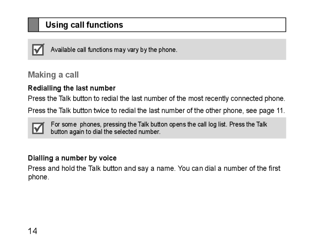 Samsung BHM1100NBEGXET manual Using call functions, Making a call, Redialling the last number, Dialling a number by voice 