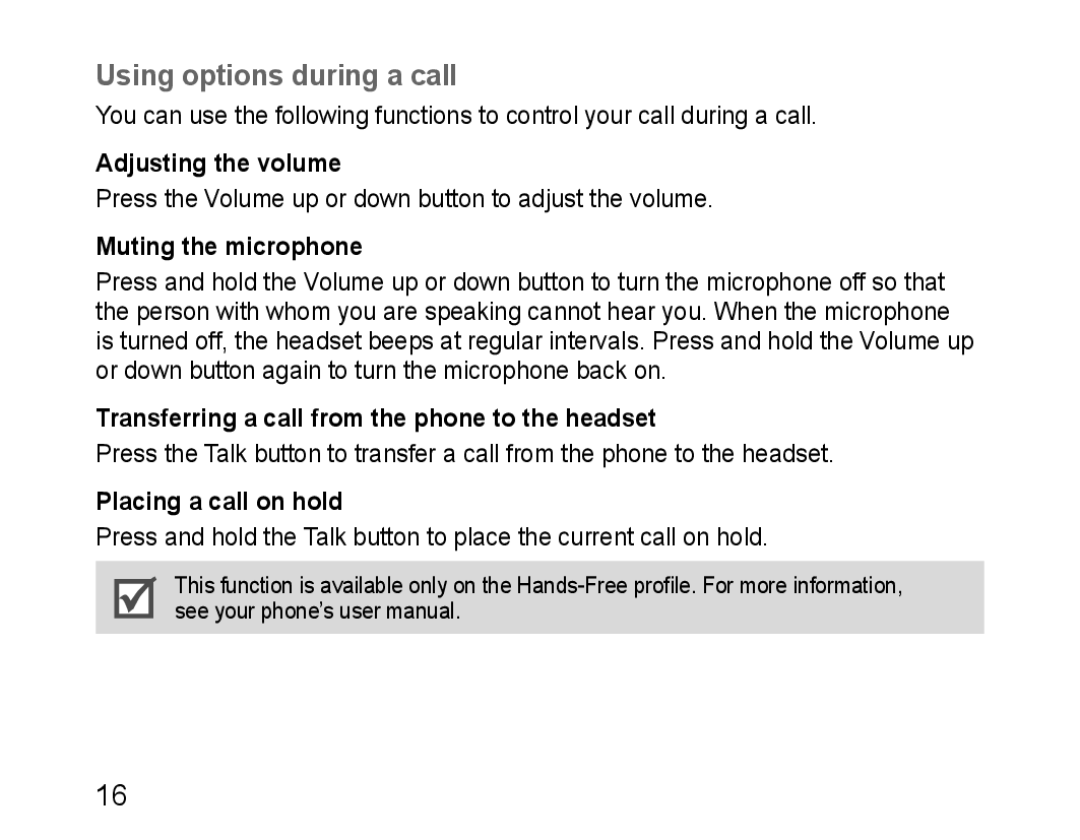 Samsung BHM1100EBEGFOP Using options during a call, Adjusting the volume, Muting the microphone, Placing a call on hold 