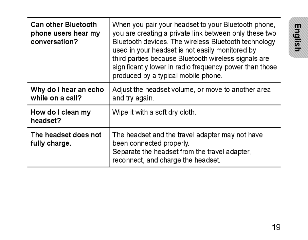 Samsung BHM1100EBEGXEP Can other Bluetooth, Phone users hear my, Conversation?, Why do I hear an echo, While on a call? 