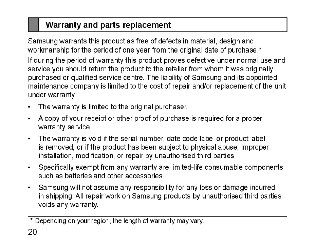 Samsung BHM1100EBEGATO, BHM1100EBEGXEF, BHM1100NBEGXET, BHM1100EBEGXET, BHM1100EBEGFOP manual Warranty and parts replacement 