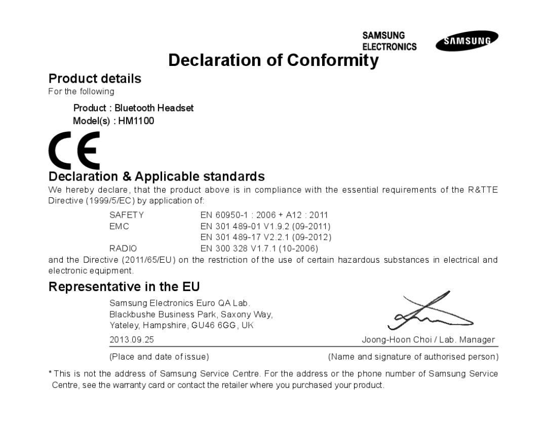 Samsung BHM1100EBEGEUR, BHM1100EBEGXEF manual Product details, Declaration & Applicable standards, Representative in the EU 