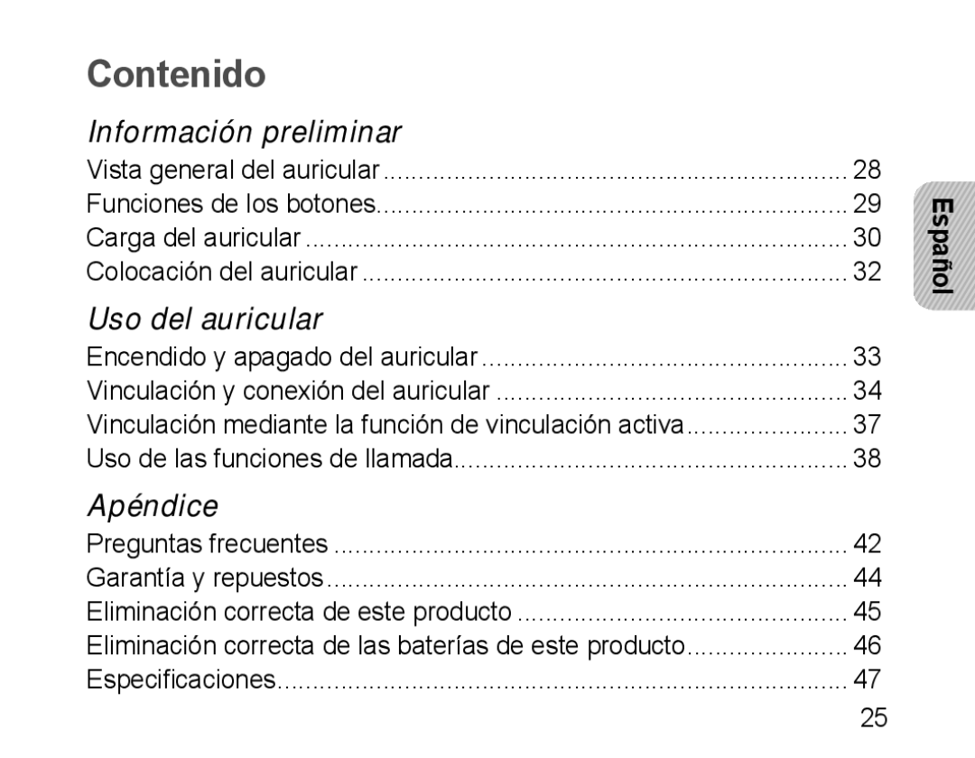 Samsung BHM1100EBEGILO, BHM1100EBEGXEF, BHM1100NBEGXET, BHM1100EBEGXET, BHM1100EBEGFOP, BHM1100EBEGCRO manual Contenido, Español 