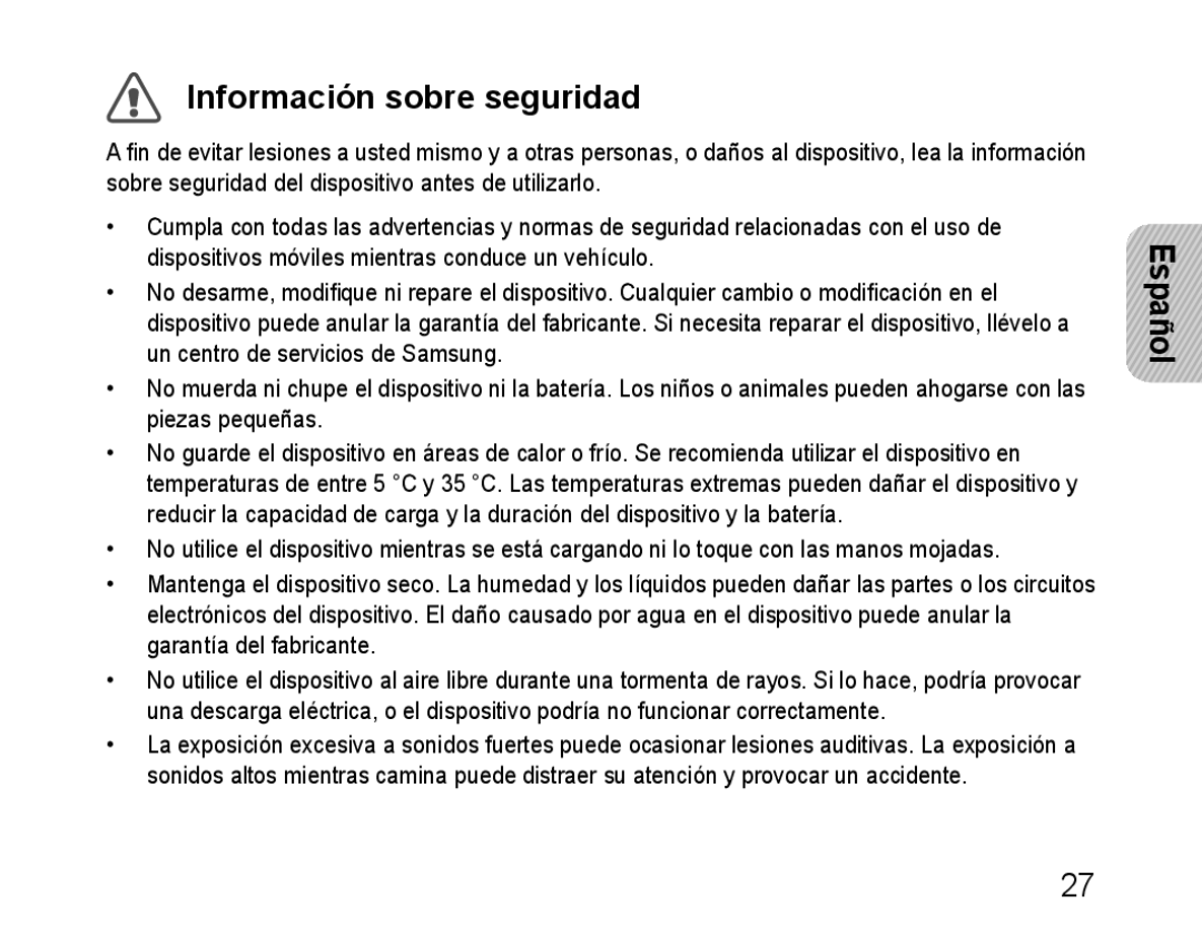 Samsung BHM1100NBEGXEH, BHM1100EBEGXEF, BHM1100NBEGXET, BHM1100EBEGXET, BHM1100EBEGFOP manual Información sobre seguridad 