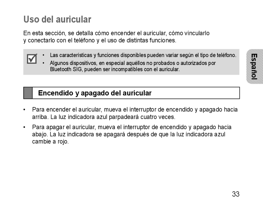 Samsung BHM1100EBEGXEH, BHM1100EBEGXEF, BHM1100NBEGXET, BHM1100EBEGXET Uso del auricular, Encendido y apagado del auricular 