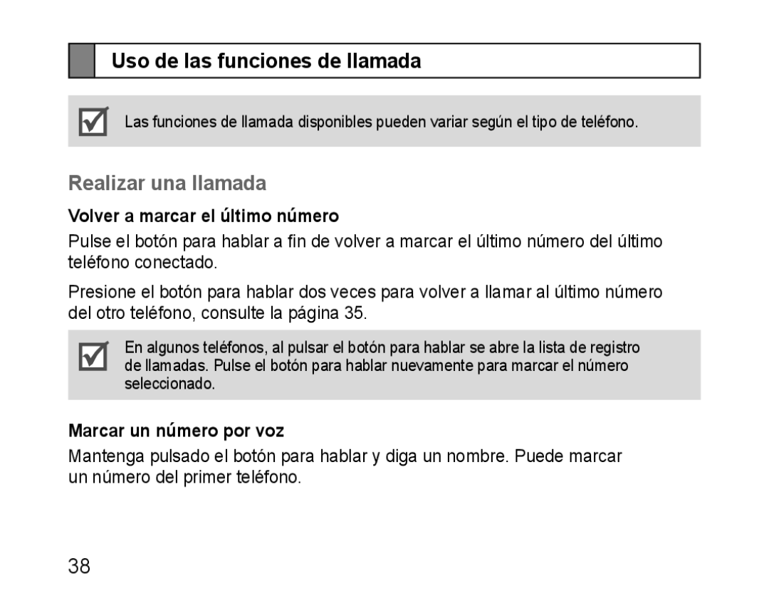 Samsung BHM1100EBEGSEB manual Uso de las funciones de llamada, Realizar una llamada, Volver a marcar el último número 