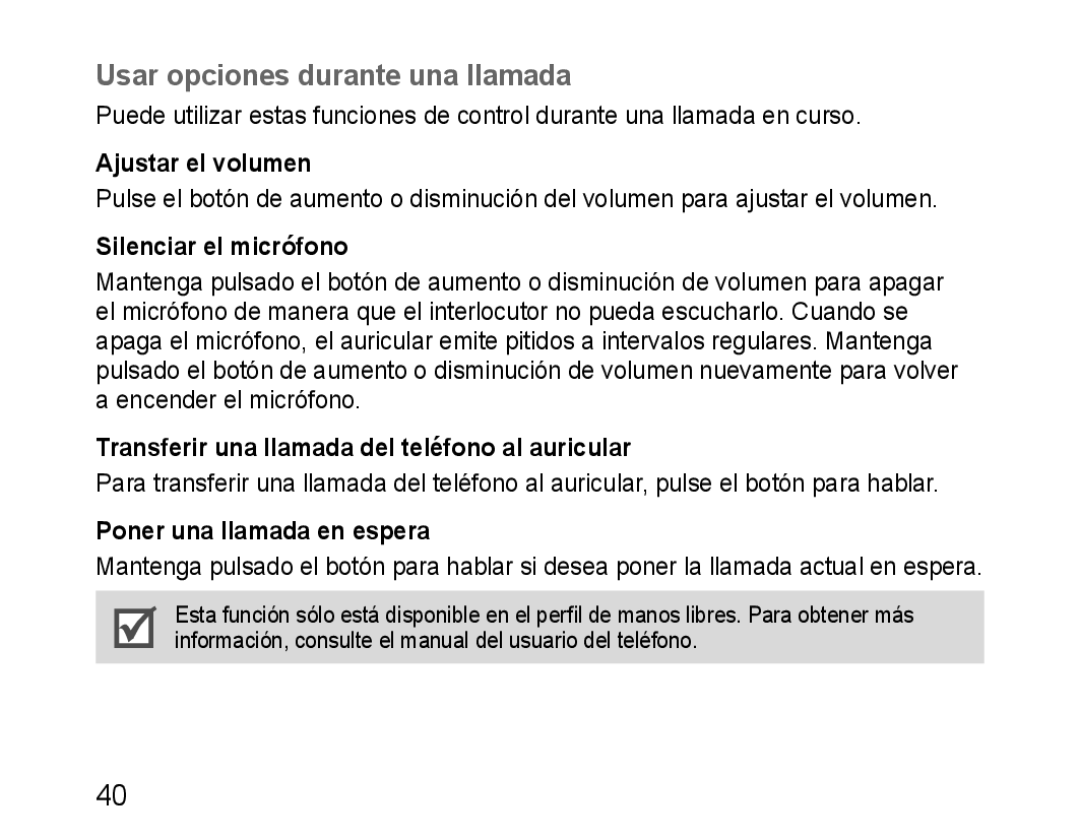 Samsung BHM1100EBEGILO, BHM1100EBEGXEF manual Usar opciones durante una llamada, Ajustar el volumen, Silenciar el micrófono 