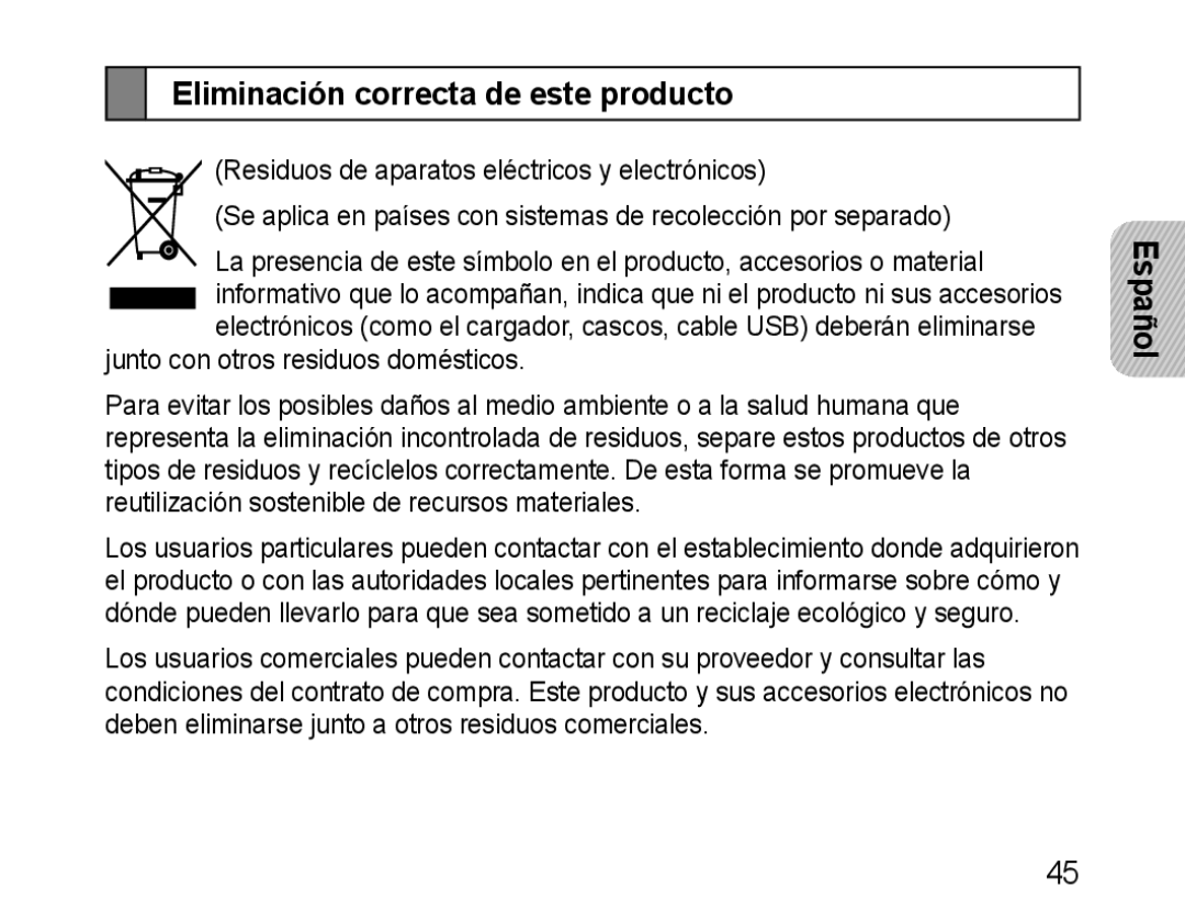 Samsung BHM1100EBEGXET, BHM1100EBEGXEF, BHM1100NBEGXET, BHM1100EBEGFOP, BHM1100EBEGCRO Eliminación correcta de este producto 