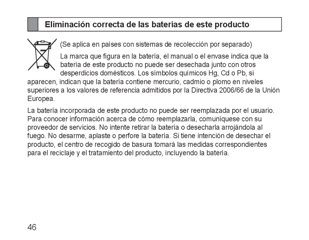 Samsung BHM1100EBEGFOP, BHM1100EBEGXEF, BHM1100NBEGXET, BHM1100EBEGXET Eliminación correcta de las baterías de este producto 