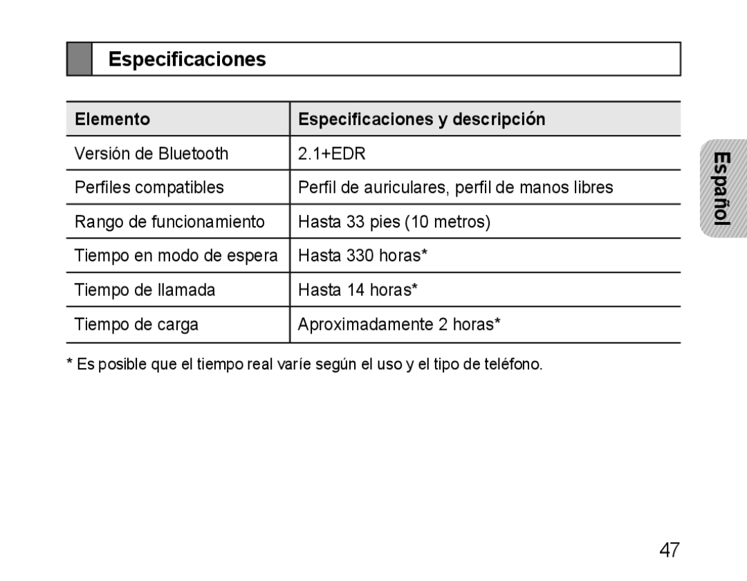 Samsung BHM1100EBEGCRO, BHM1100EBEGXEF, BHM1100NBEGXET, BHM1100EBEGXET manual Elemento Especificaciones y descripción 