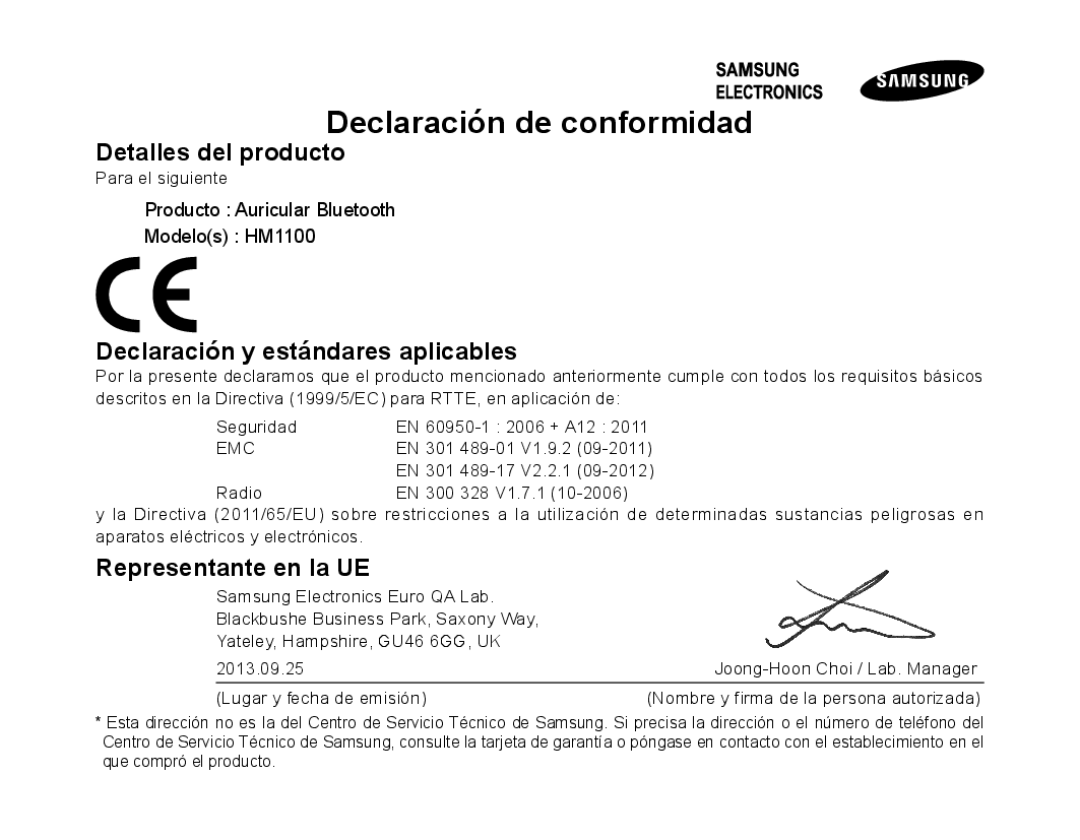 Samsung BHM1100EBEGXEH, BHM1100EBEGXEF Detalles del producto, Declaración y estándares aplicables, Representante en la UE 