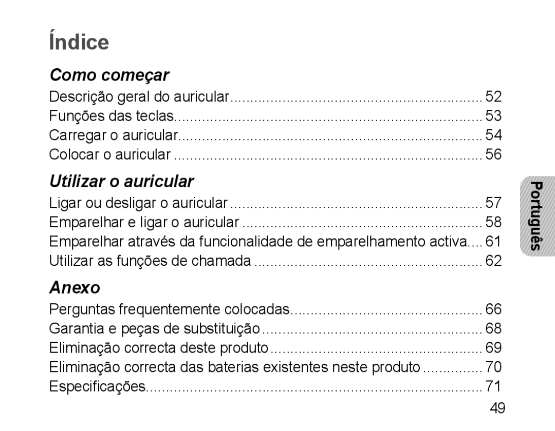 Samsung BHM1100EBEGXEP, BHM1100EBEGXEF, BHM1100NBEGXET, BHM1100EBEGXET, BHM1100EBEGFOP, BHM1100EBEGCRO manual Índice, Português 