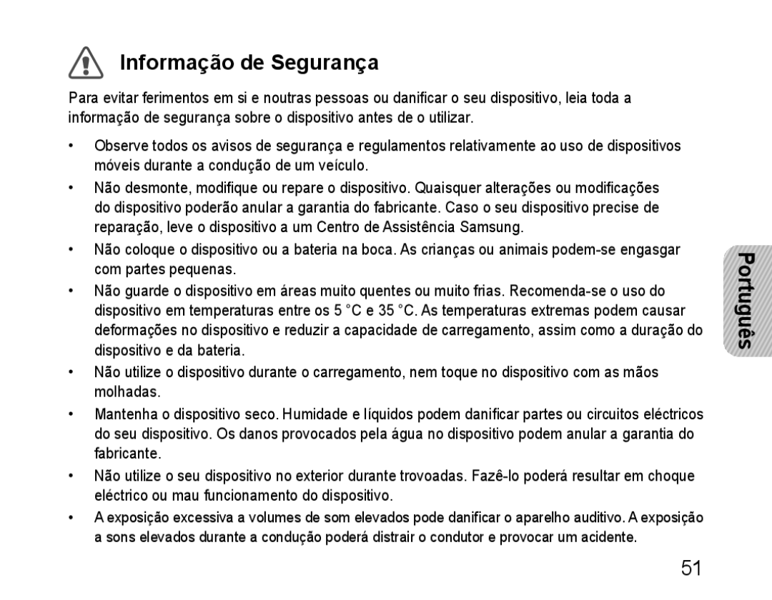 Samsung BHM1100NBEGXEE, BHM1100EBEGXEF, BHM1100NBEGXET, BHM1100EBEGXET, BHM1100EBEGFOP, BHM1100EBEGCRO Informação de Segurança 