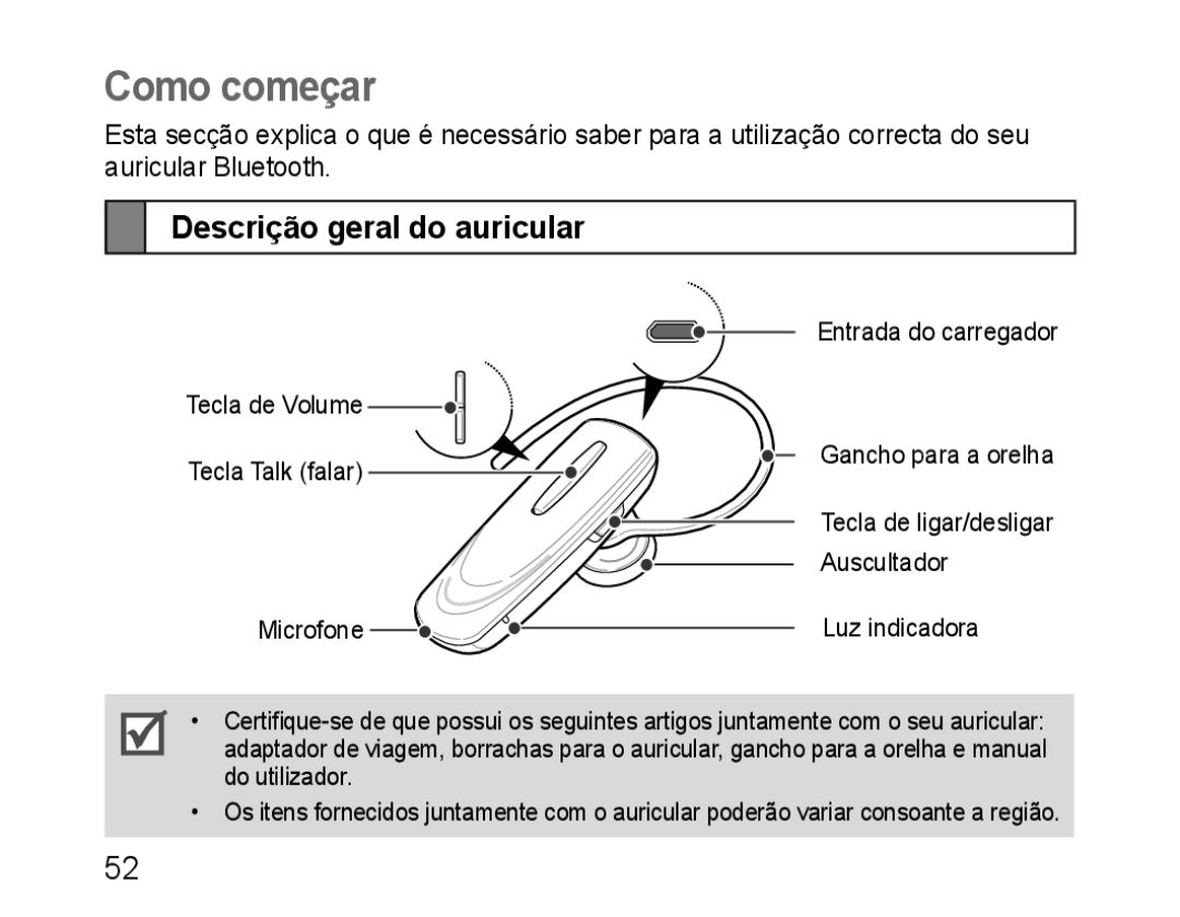 Samsung BHM1100EBEGXEE, BHM1100EBEGXEF, BHM1100NBEGXET, BHM1100EBEGXET manual Como começar, Descrição geral do auricular 