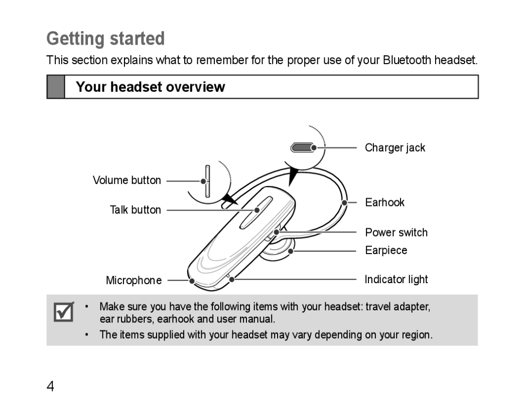 Samsung BHM1100EBEGXEP, BHM1100EBEGXEF, BHM1100NBEGXET, BHM1100EBEGXET, BHM1100EBEGFOP Getting started, Your headset overview 