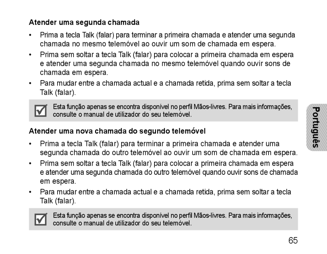 Samsung BHM1100EBEGATO, BHM1100EBEGXEF manual Atender uma segunda chamada, Atender uma nova chamada do segundo telemóvel 