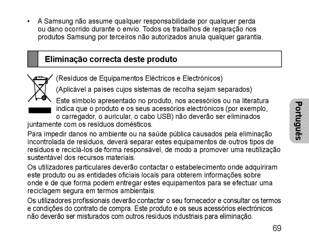 Samsung BHM1100EBEGEUR, BHM1100EBEGXEF, BHM1100NBEGXET, BHM1100EBEGXET, BHM1100EBEGFOP manual Eliminação correcta deste produto 