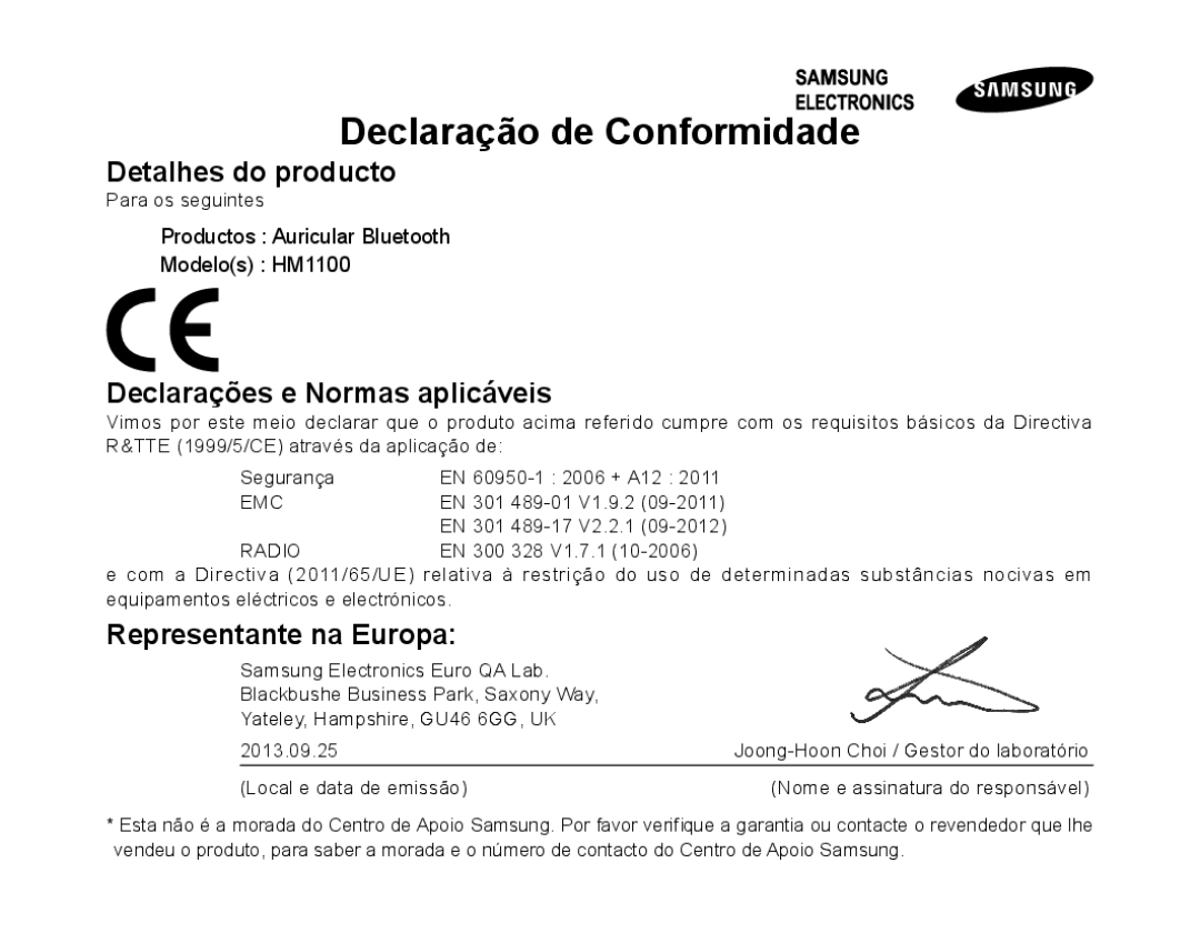 Samsung BHM1100NBEGXEH, BHM1100EBEGXEF manual Detalhes do producto, Declarações e Normas aplicáveis, Representante na Europa 