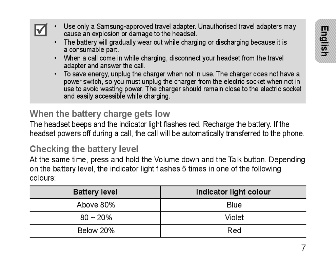 Samsung BHM1100EBEGXEE When the battery charge gets low, Checking the battery level, Battery level Indicator light colour 