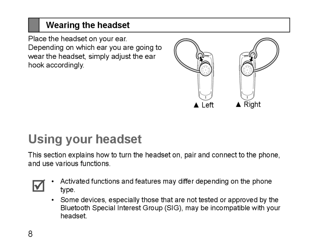 Samsung BHM1100EBEGSEB, BHM1100EBEGXEF, BHM1100NBEGXET, BHM1100EBEGXET manual Using your headset, Wearing the headset 