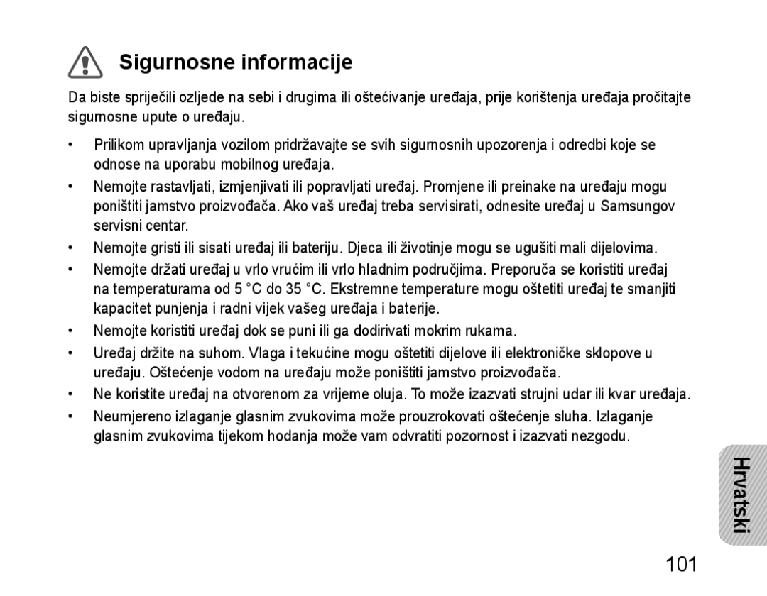 Samsung BHM1100NBEGHAT, BHM1100EBEGXEF, BHM1100NBEGXET, BHM1100EBEGXET, BHM1100EBEGFOP manual Sigurnosne informacije, Hrvatski 