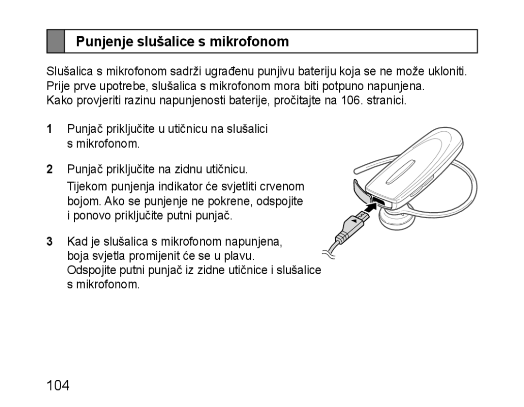 Samsung BHM1100NBEGXET, BHM1100EBEGXEF, BHM1100EBEGXET, BHM1100EBEGFOP, BHM1100EBEGCRO manual Punjenje slušalice s mikrofonom 