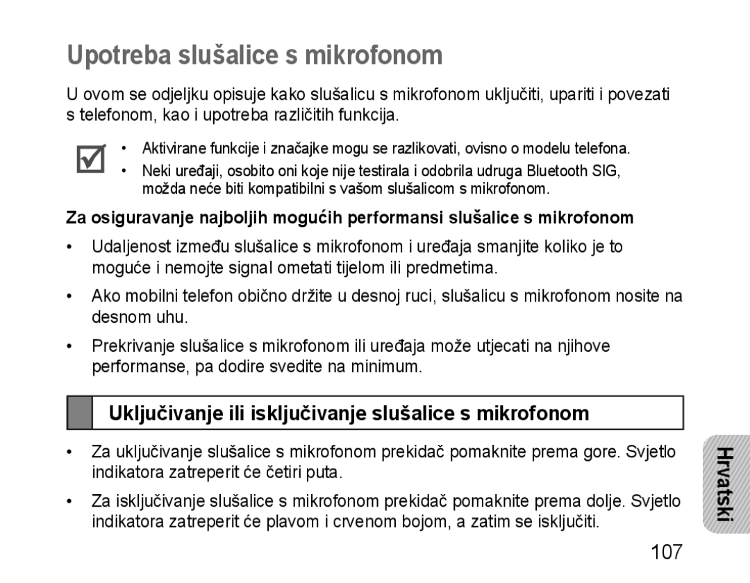 Samsung BHM1100EBEGCRO manual Upotreba slušalice s mikrofonom, Uključivanje ili isključivanje slušalice s mikrofonom 