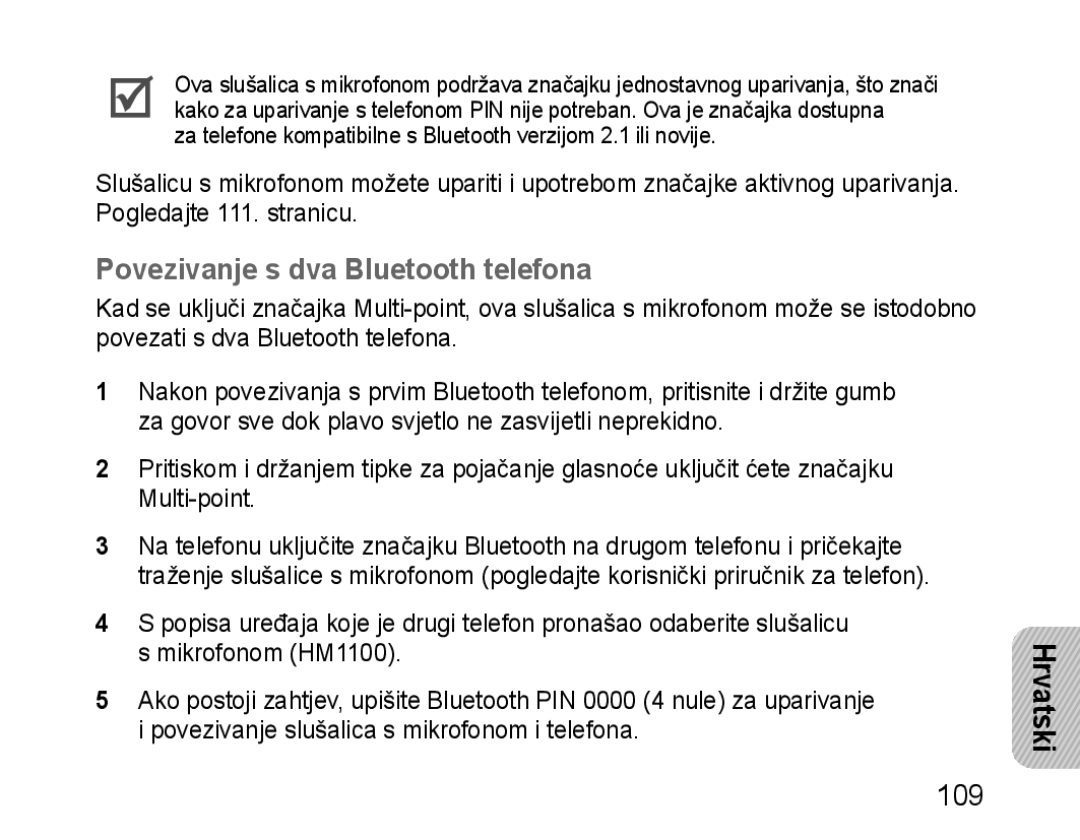 Samsung BHM1100EBEGXEP, BHM1100EBEGXEF, BHM1100NBEGXET, BHM1100EBEGXET manual Povezivanje s dva Bluetooth telefona, 109 