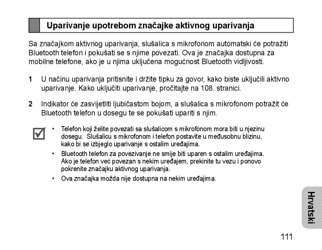 Samsung BHM1100NBEGXEE, BHM1100EBEGXEF, BHM1100NBEGXET manual Uparivanje upotrebom značajke aktivnog uparivanja, Hrvatski 