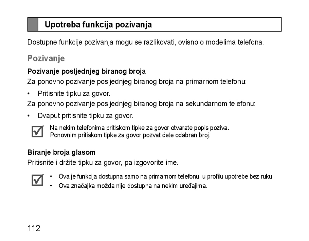 Samsung BHM1100EBEGXEE, BHM1100EBEGXEF, BHM1100NBEGXET Upotreba funkcija pozivanja, Pozivanje posljednjeg biranog broja 