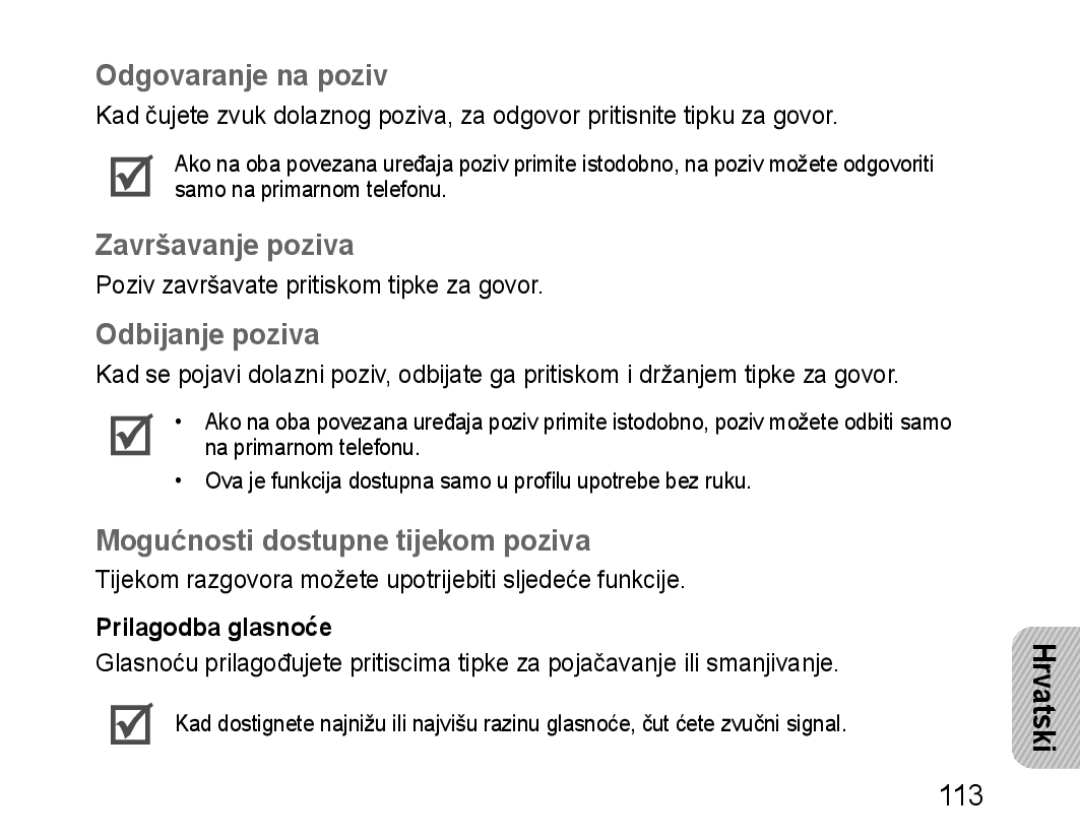 Samsung BHM1100EBEGSEB Odgovaranje na poziv, Završavanje poziva, Mogućnosti dostupne tijekom poziva, Prilagodba glasnoće 