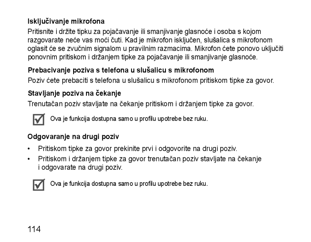 Samsung BHM1100EBEGEUR, BHM1100EBEGXEF Isključivanje mikrofona, Prebacivanje poziva s telefona u slušalicu s mikrofonom 